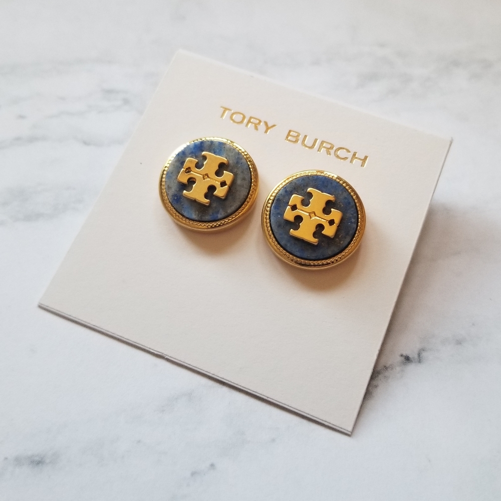 Tory Burch Blue T Logo Gold Stud Earrings